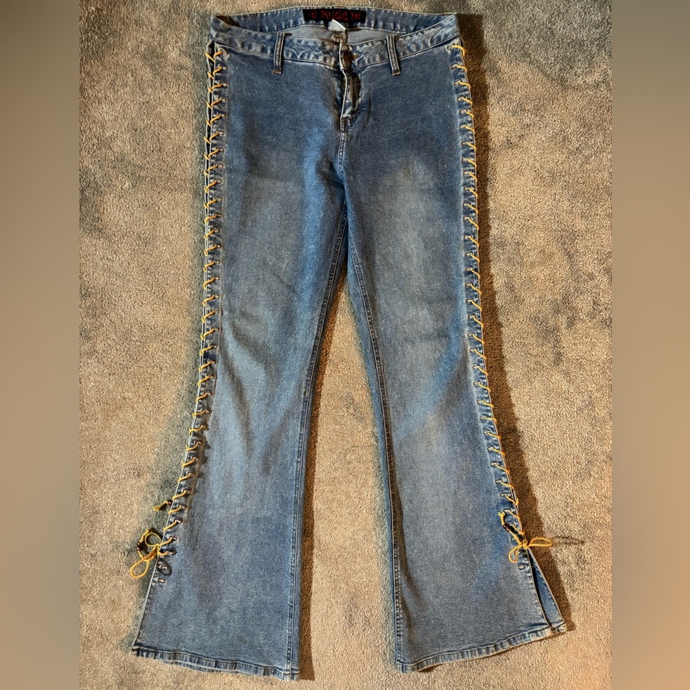 Mudd Vintage Denim Lace-Up Copper Beaded Flare Jeans Size 11.